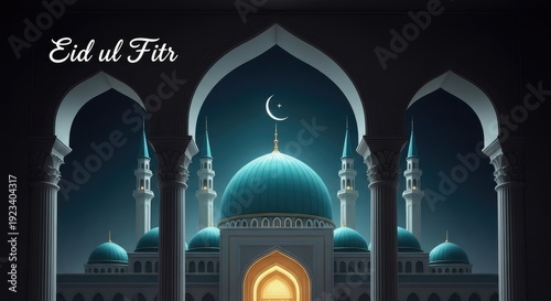 Eid mubarak wishes islamic eid al fitr celebration background with mosque arch