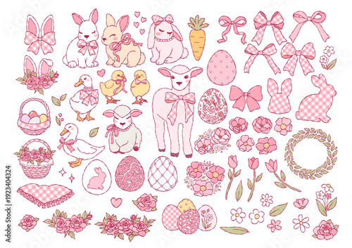 Coquette Easter Collection Vector, Hand Drawn Pink Gingham Doodle, Cute Pink Toile Baby Animals Easter Hand Drawn Design Vector
