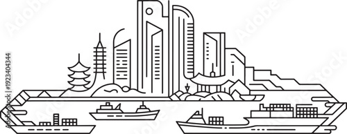Outline drawing of a bustling port city with modern skyscrapers, oriental architecture, and cargo ships