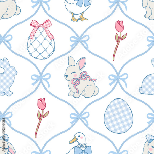 Coquette Easter Seamless Pattern, Blue Spring Tulip Digital Paper, Ribbon Bow and Pearl Fabric File, Elegant Easter Eggs Repeat Pattern Design Vector