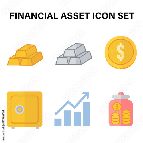 Institutional banking and commodity investment icon set featuring a bank building, secure vault, gold bullion bars, and stock market growth chart.