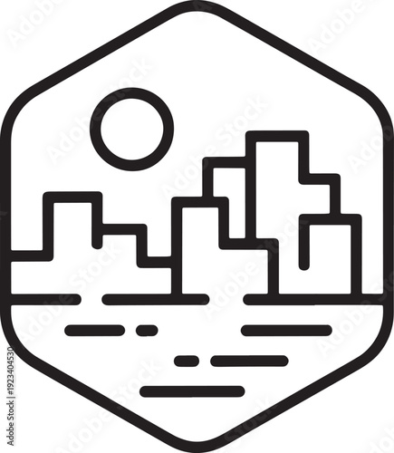 Simple cityscape logo design with full moon over water in hexagonal frame linear style