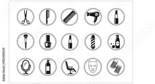 Collection of beauty and hair salon icons in black and white.