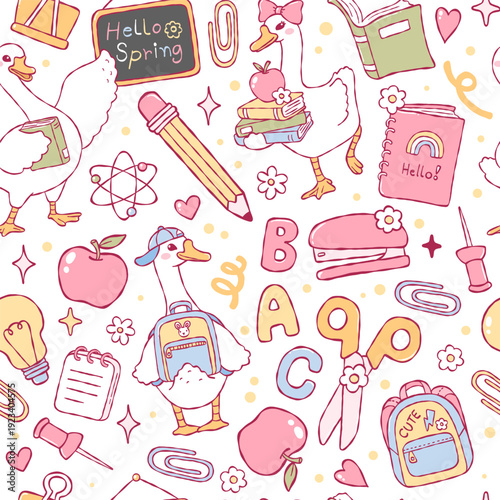 Silly Goose School Seamless Pattern, Kawaii Teacher Digital Paper, Spring School Duck Student Repeat Pattern Design Vector
