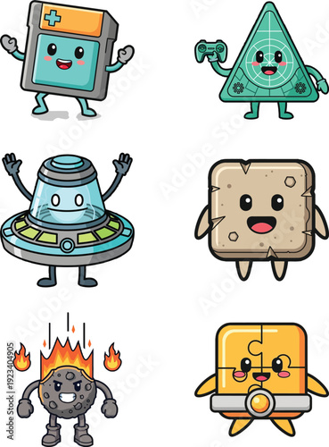 Cartoon robot and food icon collection. Includes robot, triangle, UFO, toast, meteorite, and robot with sword. Created in colored cartoon style with bright palette