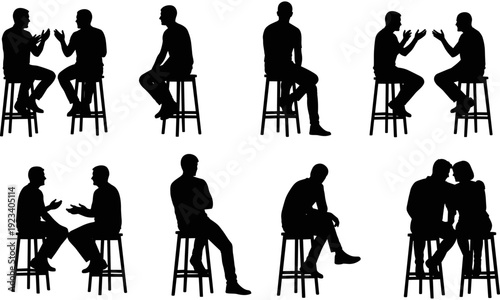People sitting on high stools silhouette, men and women talking, group discussion, bar stools, socializing, isolated white background, communication, conversation.
