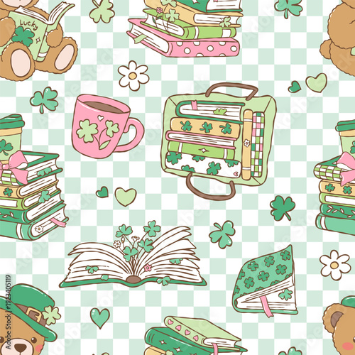 St. Patrick Bookish Seamless Pattern, St. Patricks Day Digital Paper, Kawaii Book Lover Fabric Files, Trendy Lucky Reader Repeat Pattern Design Vector
