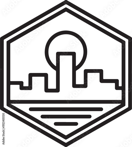 Urban skyline and sun over water in hexagonal badge icon for city life