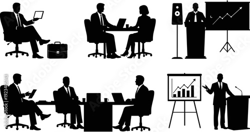 Professional business meeting silhouette set, corporate presentation with charts, office team collaboration, executive leadership training, work communication, financial data analysis.