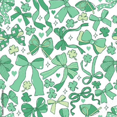 St. Patrick Ribbon Bows Seamless Pattern, St. Patricks Day Digital Paper, Lucky Fabric Files, Trendy Coquette Green Bows Repeat Pattern Design Vector
