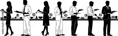 Business people silhouettes at buffet dinner, corporate event catering, office team eating, lunch break, party, formal wear, suit, isolated on white background,