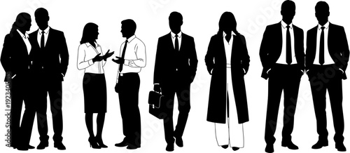 Professional business people silhouettes set, corporate team working together, office workers standing, talking, walking, formal wear, suit, group, isolated on white background,