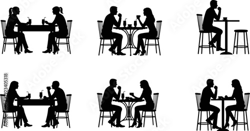 Couple sitting in cafe, restaurant silhouette set, people dining at tables, man and woman drinking coffee, romantic date night icons.