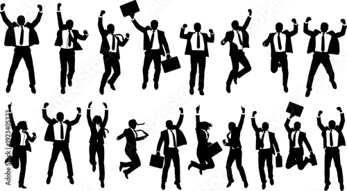 Set of professional business people silhouettes working in office, corporate meeting with speaker presentation, time management icons and employee productivity concepts,