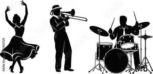 Black vector silhouette set featuring a female ballroom dancer a jazz musician playing the trombone and a professional drummer performing on a full drum kit.