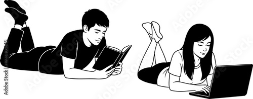 Young students studying together, boy reading book and girl using laptop, lying on floor, education concept, home learning environment,