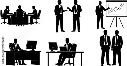 Business men silhouette set, corporate meeting office work, presentation board, financial analysis, professional team collaboration, executive management, workplace success, leadership,