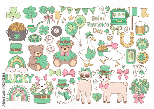 St. Patrick Animals Collection Vector, Kawaii Lucky Friends Doodle, Coquette Lucky Animals Hand Drawn Design Vector