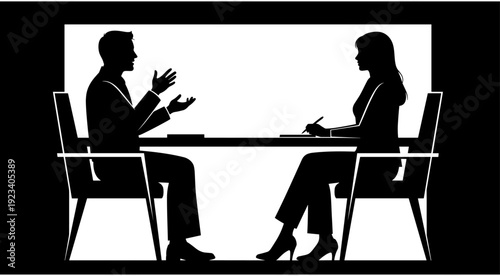 Professional business interview silhouette between man and woman sitting at desk, job recruitment, corporate meeting, HR hiring process, vector illustration,Interview, recruitment, business, silhouett