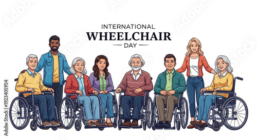 Illustration of diverse people in wheelchairs and a standing ally, celebrating International Wheelchair Day with a colorful and inclusive graphic design.