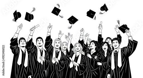 Graduation Celebration: Diverse Students Tossing Caps in Joyful Excitement