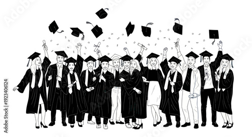 Graduation Caps Tossed in Celebration - Diverse Students in Academic Regalia