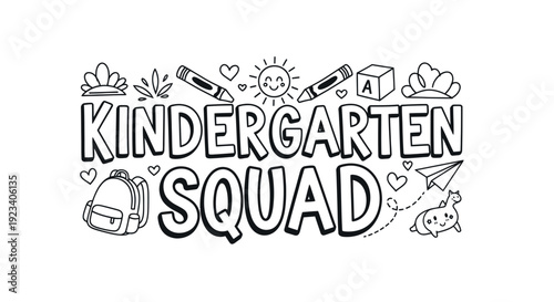 Kindergarten Squad Hand Drawn Doodle Text with School Supplies and Cute Characters