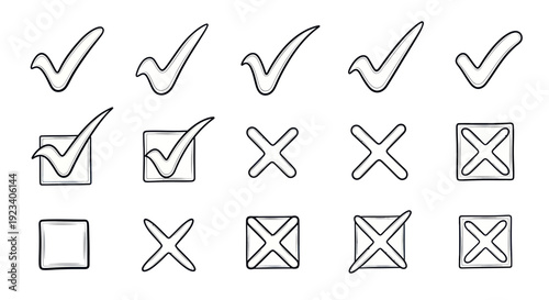 Hand Drawn Checkmarks and Crosses Icons Set