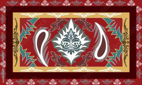 Luxurious original design Persian floral rug, embroidered with green tamarind flowers in Persian style. Art print ornament design for rugs, wall coverings, wallpaper, fabric wrapping, clothing, tribal