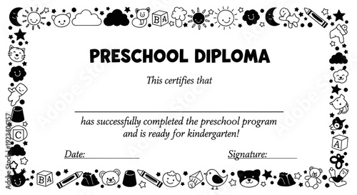 Preschool Diploma Certificate with Cute Animal Border for Kindergarten Graduation