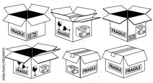 Set of Hand Drawn Cardboard Boxes, Shipping and Fragile Symbols