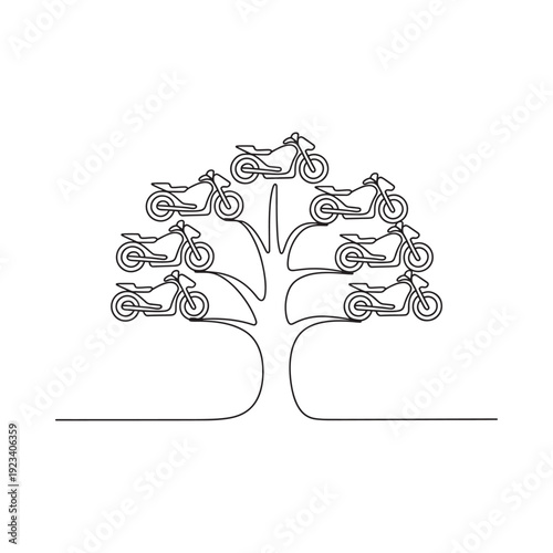 A minimalist black and white illustration depicts a tree whose leaves are replaced by motorcycles high quality