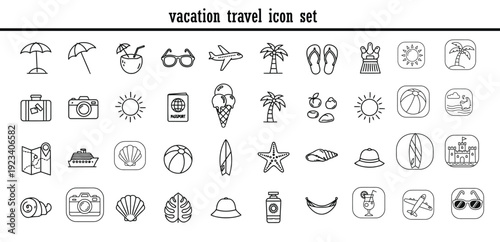 Summer Holiday Travel Icon Set Road Trip, Car, Camper Van, Suitcase, Mountain and Beach Vacation Elements