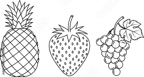 Pineapple Strawberry And Grapes Outline Fruit Icons Set Healthy Food Vector Collection