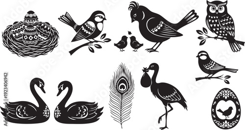 Black and white of various birds and bird-related swans