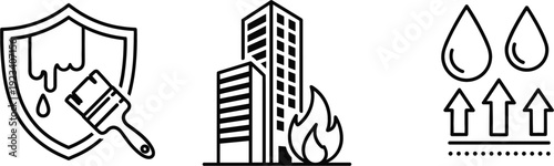 Property insurance protection icons set with shield building fire and water damage vector collection