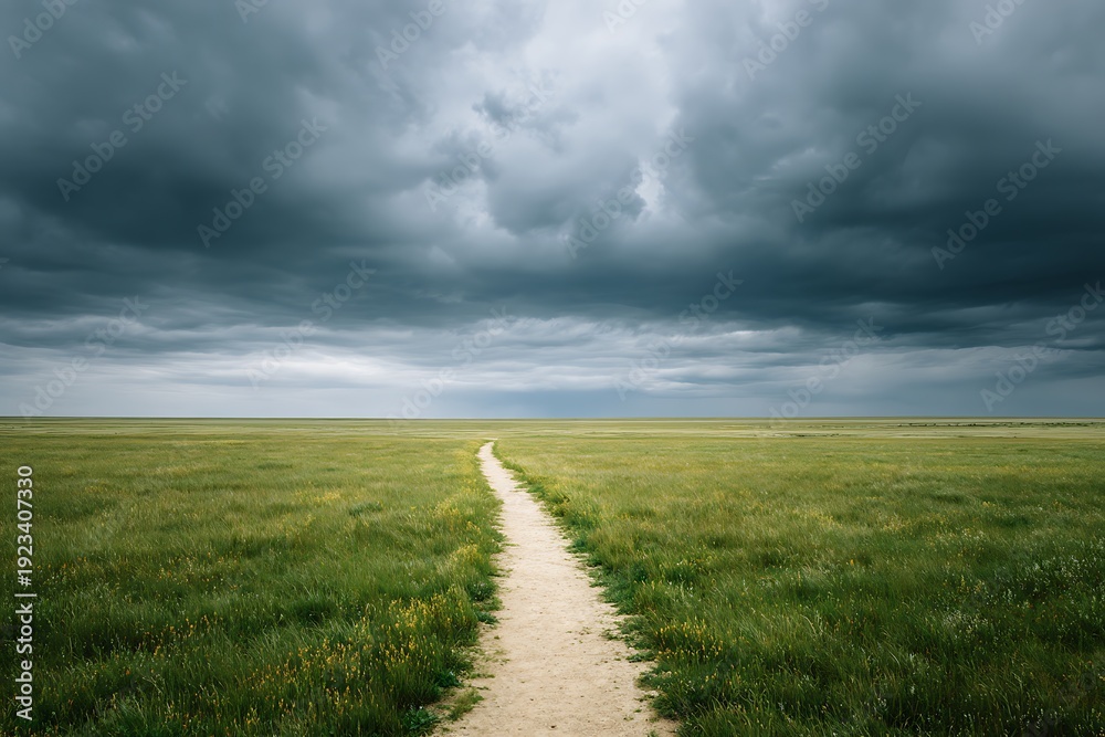 Fototapeta premium Path winding through green field under stormy sky