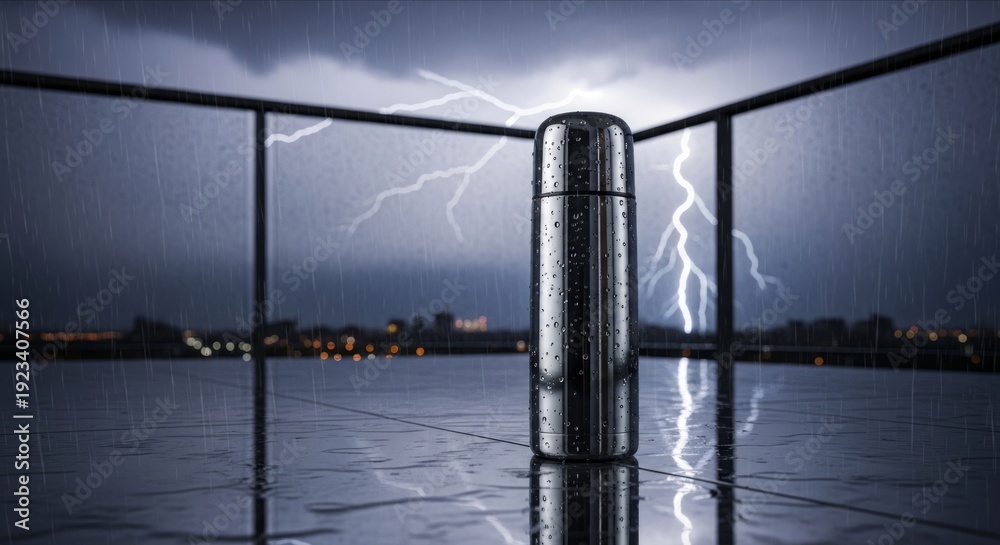 Fototapeta premium Metal Thermos on Rainy Balcony with Thunderstorm and Lightning