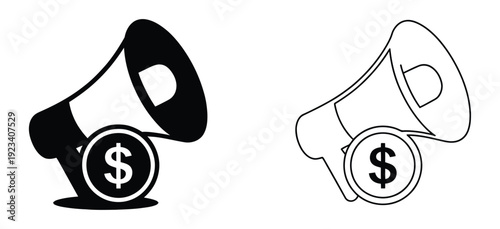 Money promotion icon. Megaphones announce financial growth and profit. 