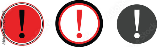 Red exclamation mark warning badge icons with alert notification symbol isolated vector set