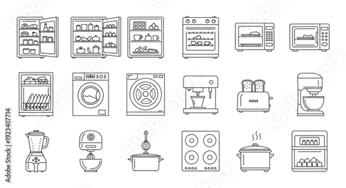 Collection of kitchen appliances and home electronics icons.