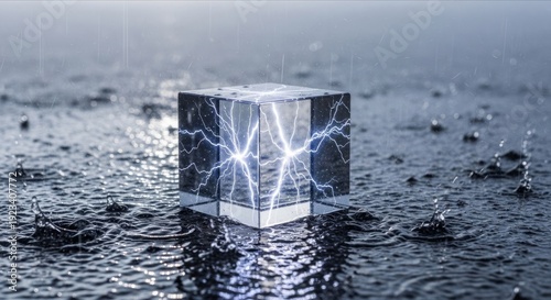 Electric Energy Cubes in Rain with Reflections and Dramatic Effects