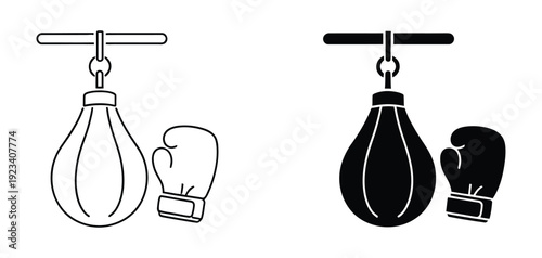 Boxing gloves with punching bag icon set, outline, solid and flat styles. Gym sport equipment symbol vector illustration isolated on light background
