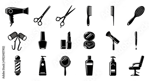 Collection of black and white beauty salon and barber shop tools.