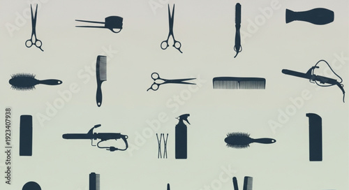 Collection of hairdressing tools and accessories in silhouette.