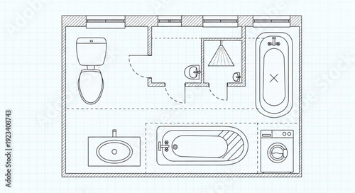 Architectural blueprint of a modern bathroom layout design.