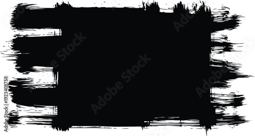 The image features a black rectangular shape characterized by rough, uneven edges that resemble a bold brushstroke. The texture suggests that it was likely created using a dry brush or sponge techniqu