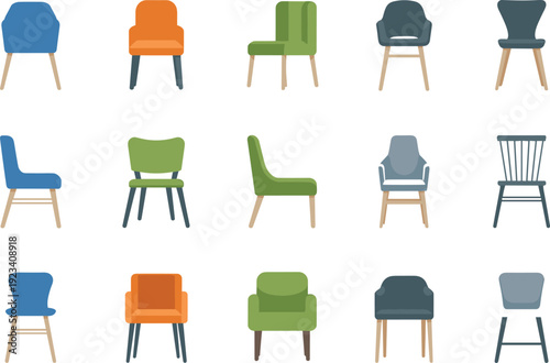 Assortment of Modern and Classic Chairs in Various Colors Keywords: chair, chairs, furniture, seating, interior, design, modern
