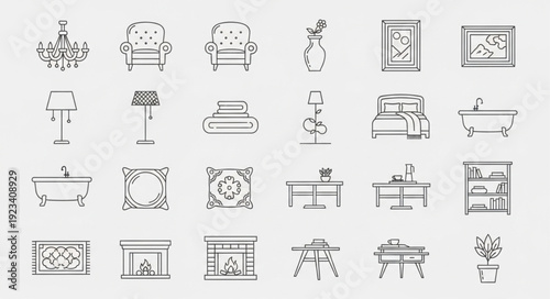 Collection of hand drawn furniture and home decor icons.