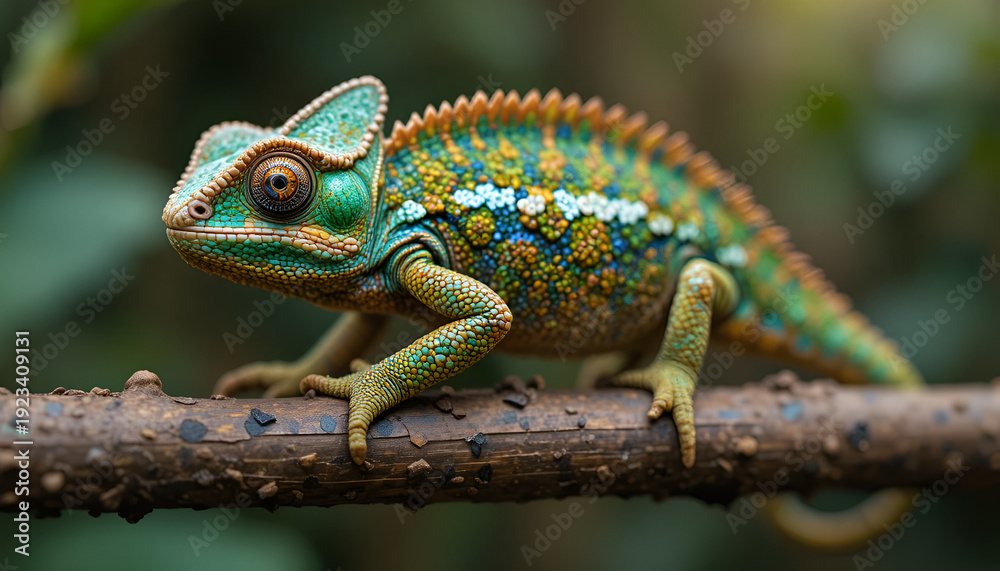 Fototapeta premium A vibrant chameleon perched on a tree branch in a lush green environment